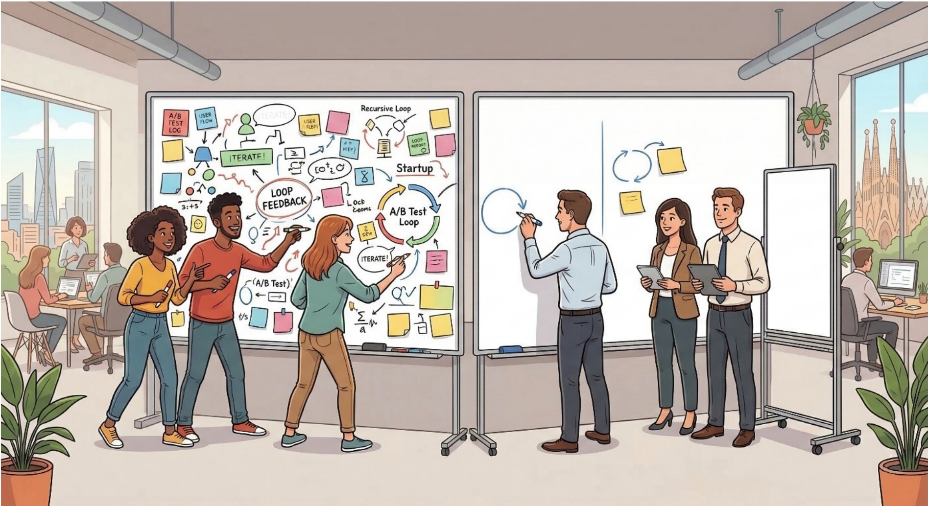 A team collaborating around whiteboards covered in diagrams and sticky notes.